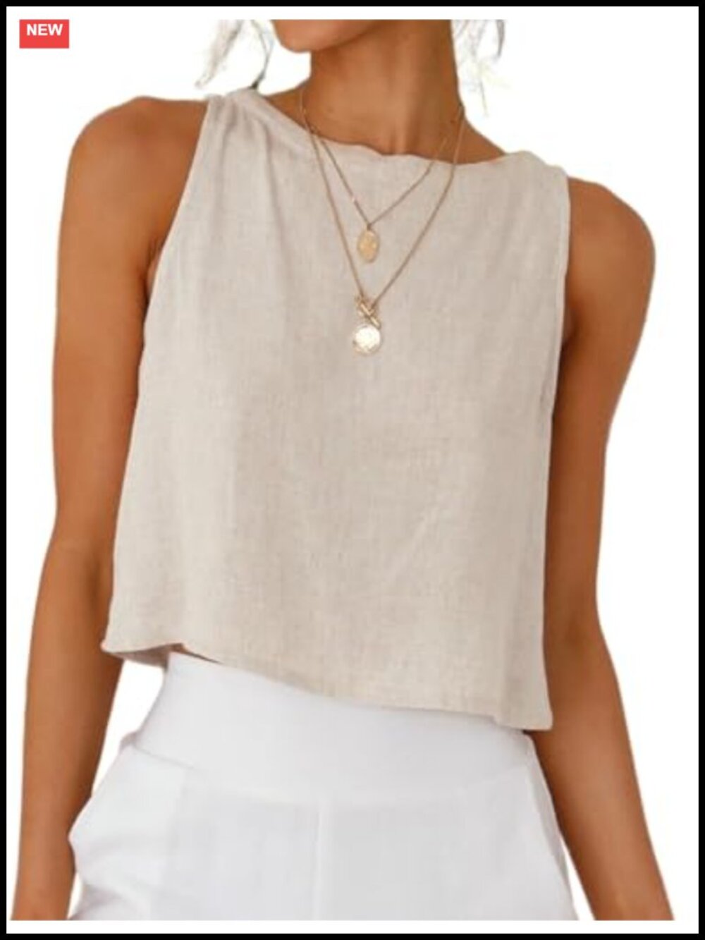Womens Linen Blend Crop Tank Top High Neck Sleeveless Casual Summer